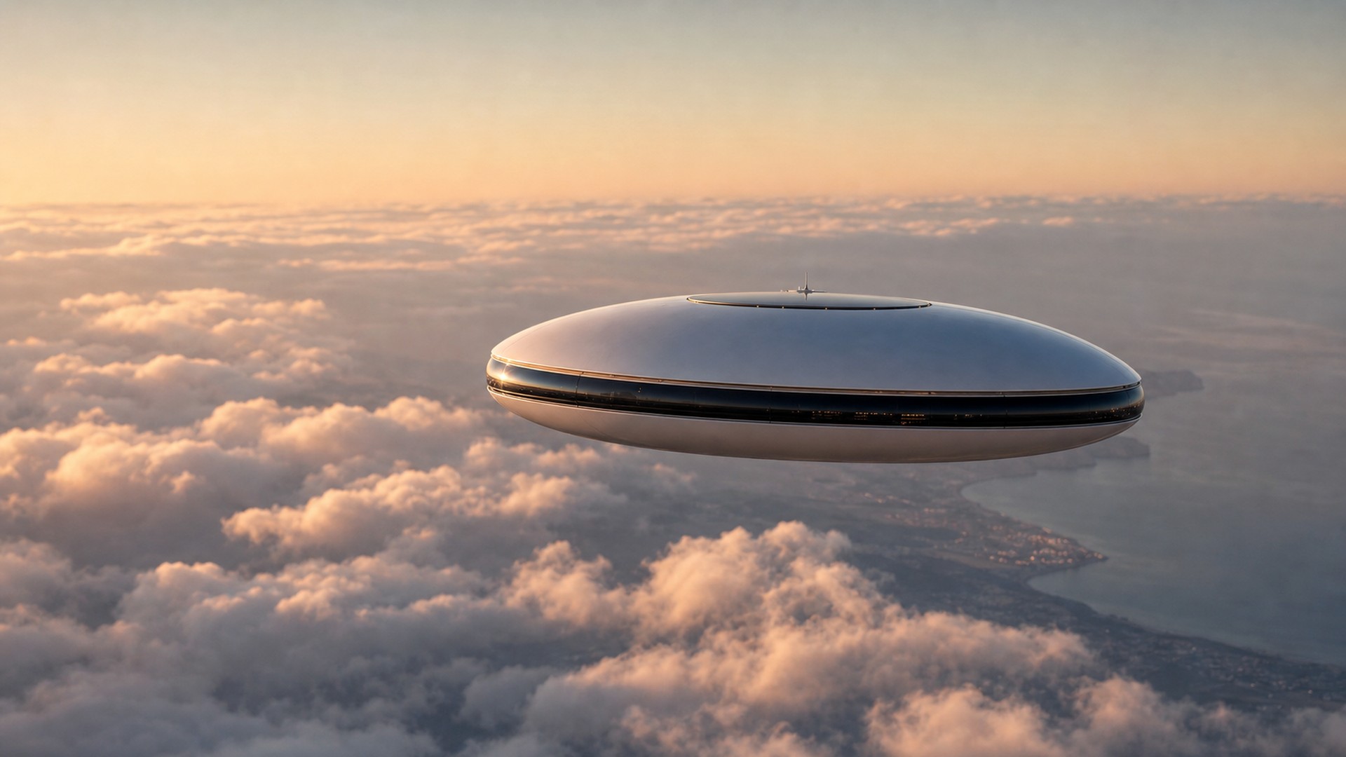 Wingless oval aircraft crossing a dawn cloud deck