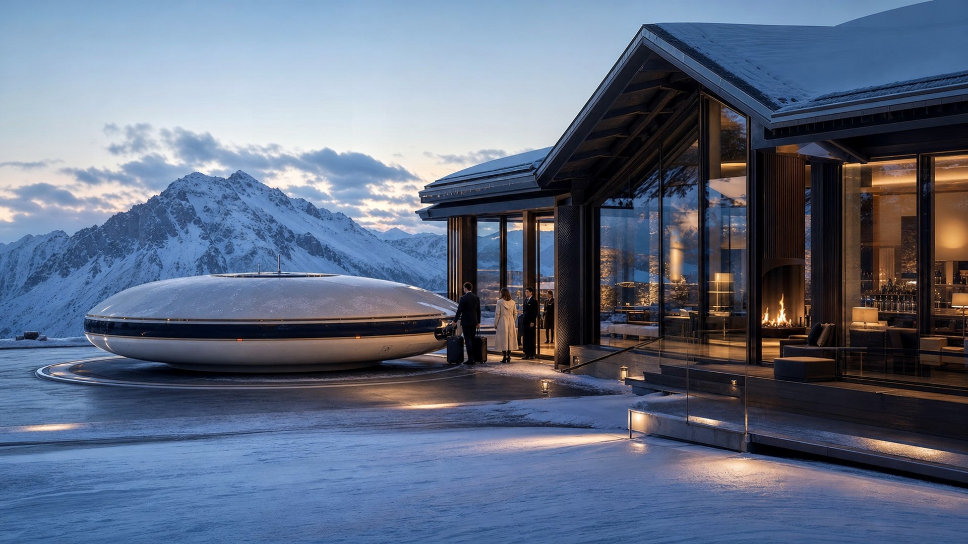 Disc aircraft outside an alpine private terminal