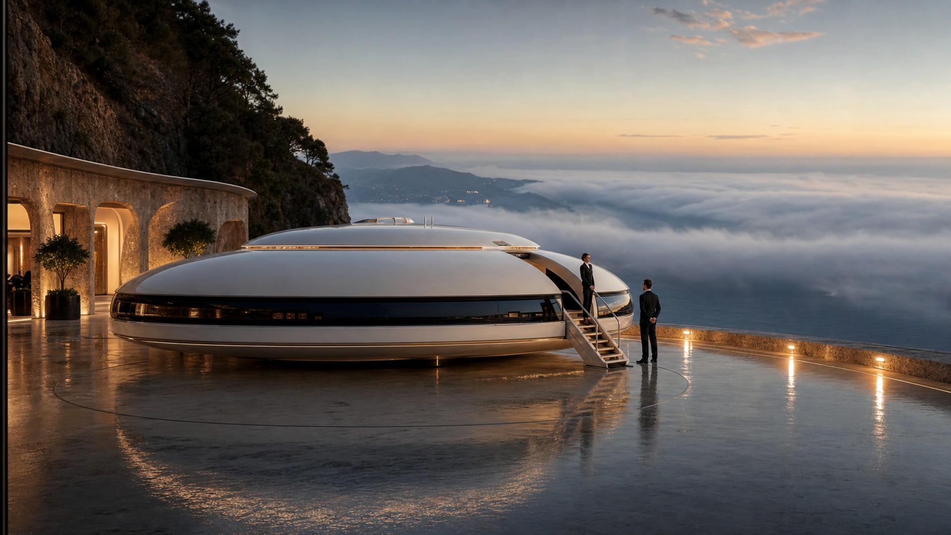 Disc aircraft on a coastal terrace above clouds