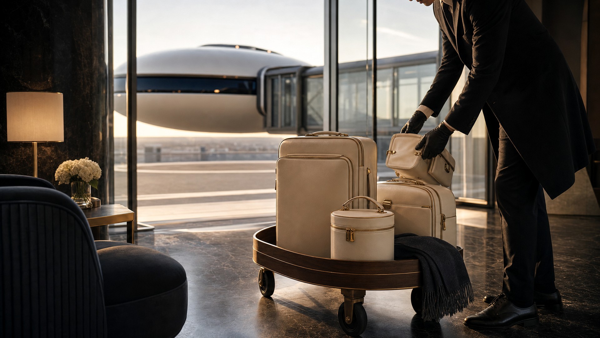 Concierge handling ivory luggage near a private aircraft