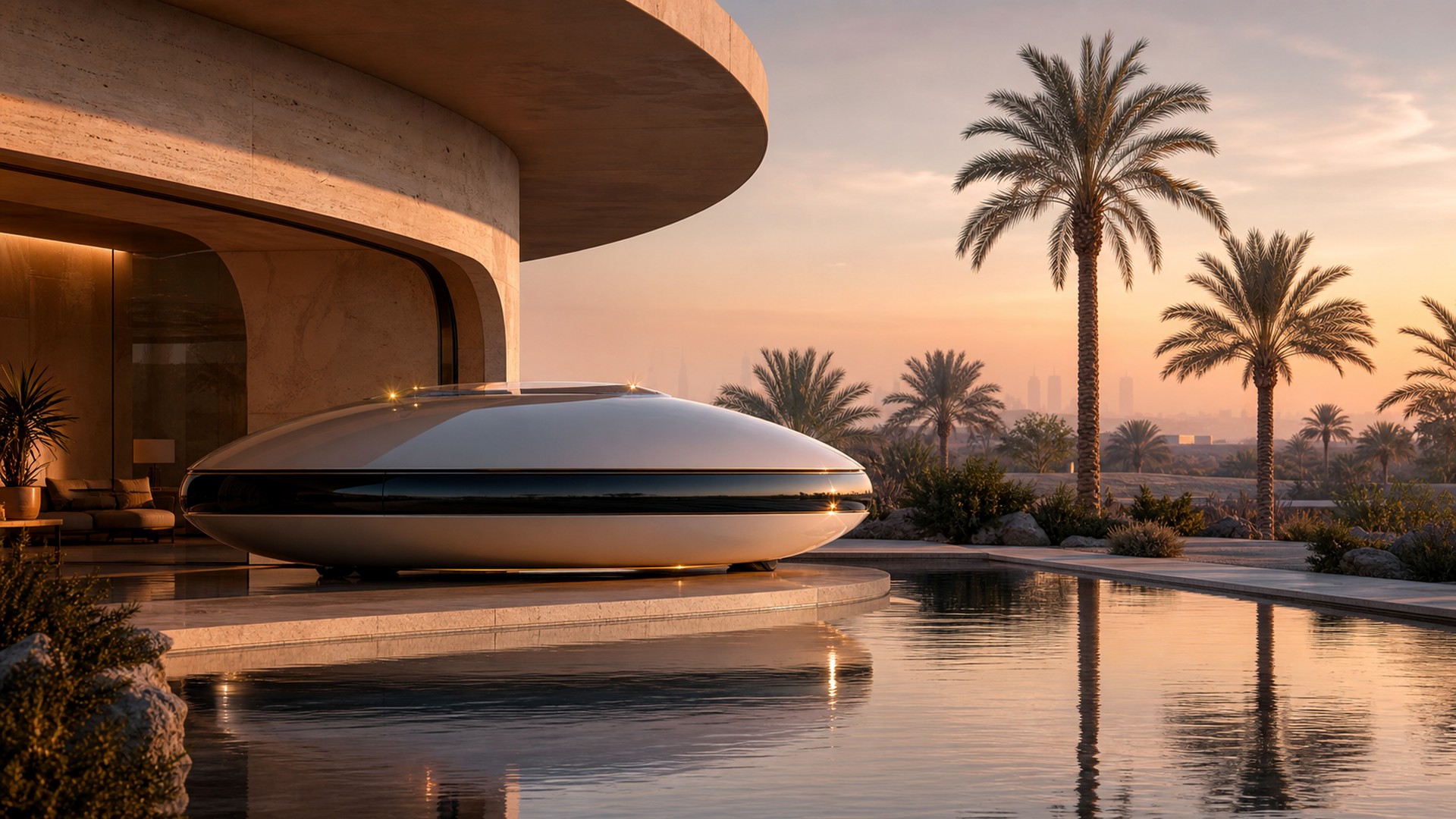 Disc aircraft beside a desert terminal reflecting pool
