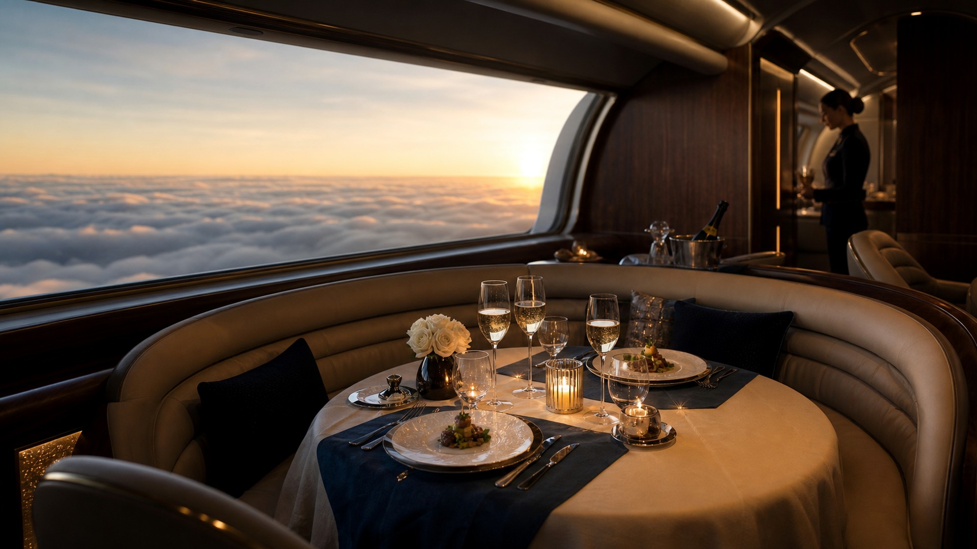 Luxury dining crescent inside a disc aircraft