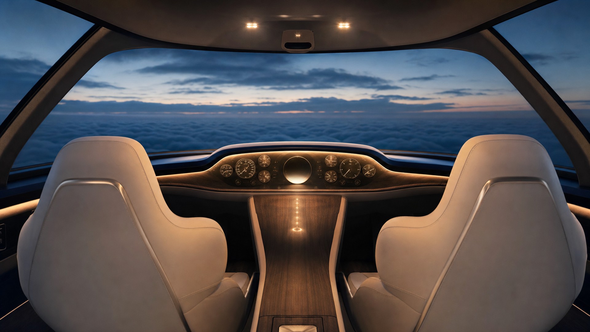 Autonomous flight deck with cream pilot chairs