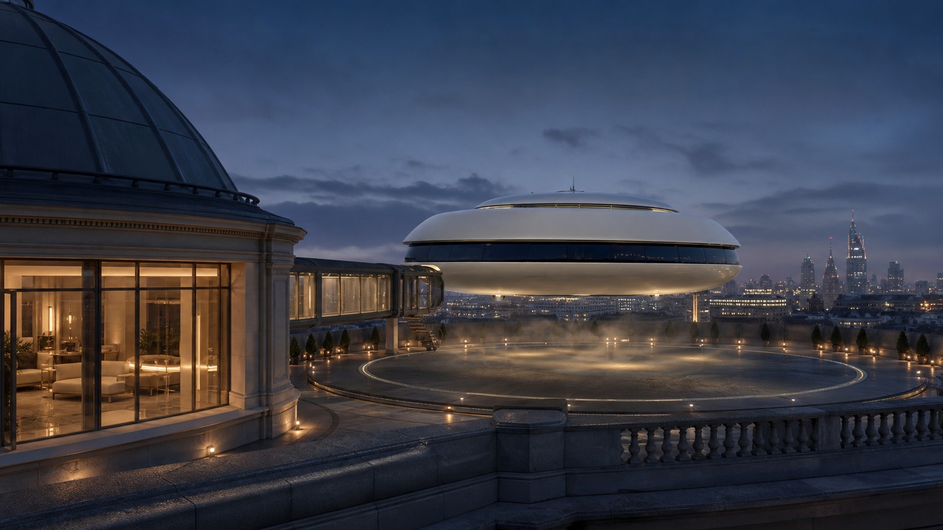 Disc aircraft arriving at a London rooftop terminal