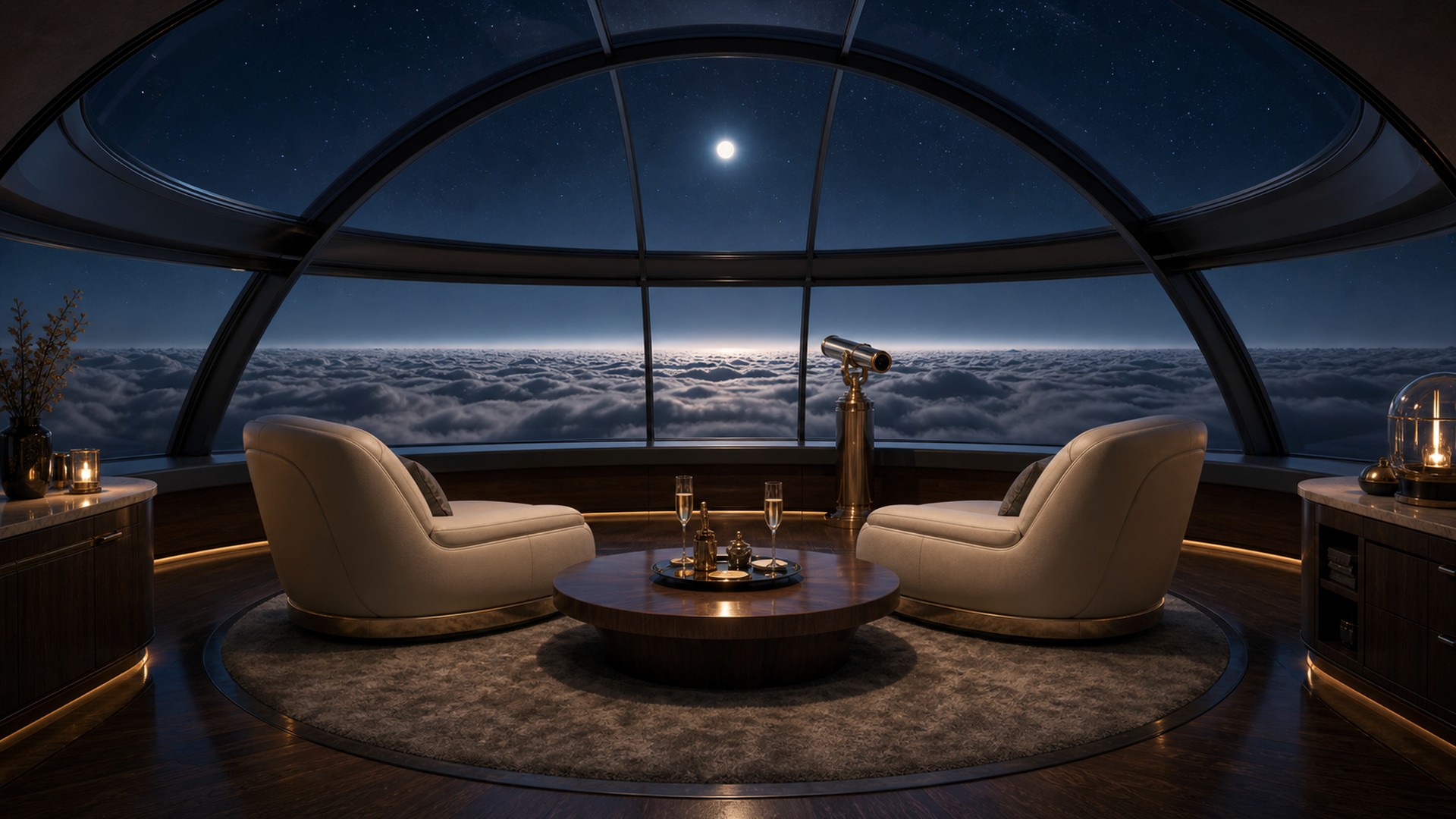 Moonlit observation dome above clouds