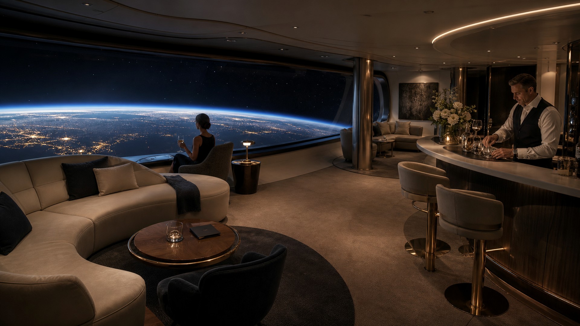 Orbital lounge cabin with Earth visible through the window