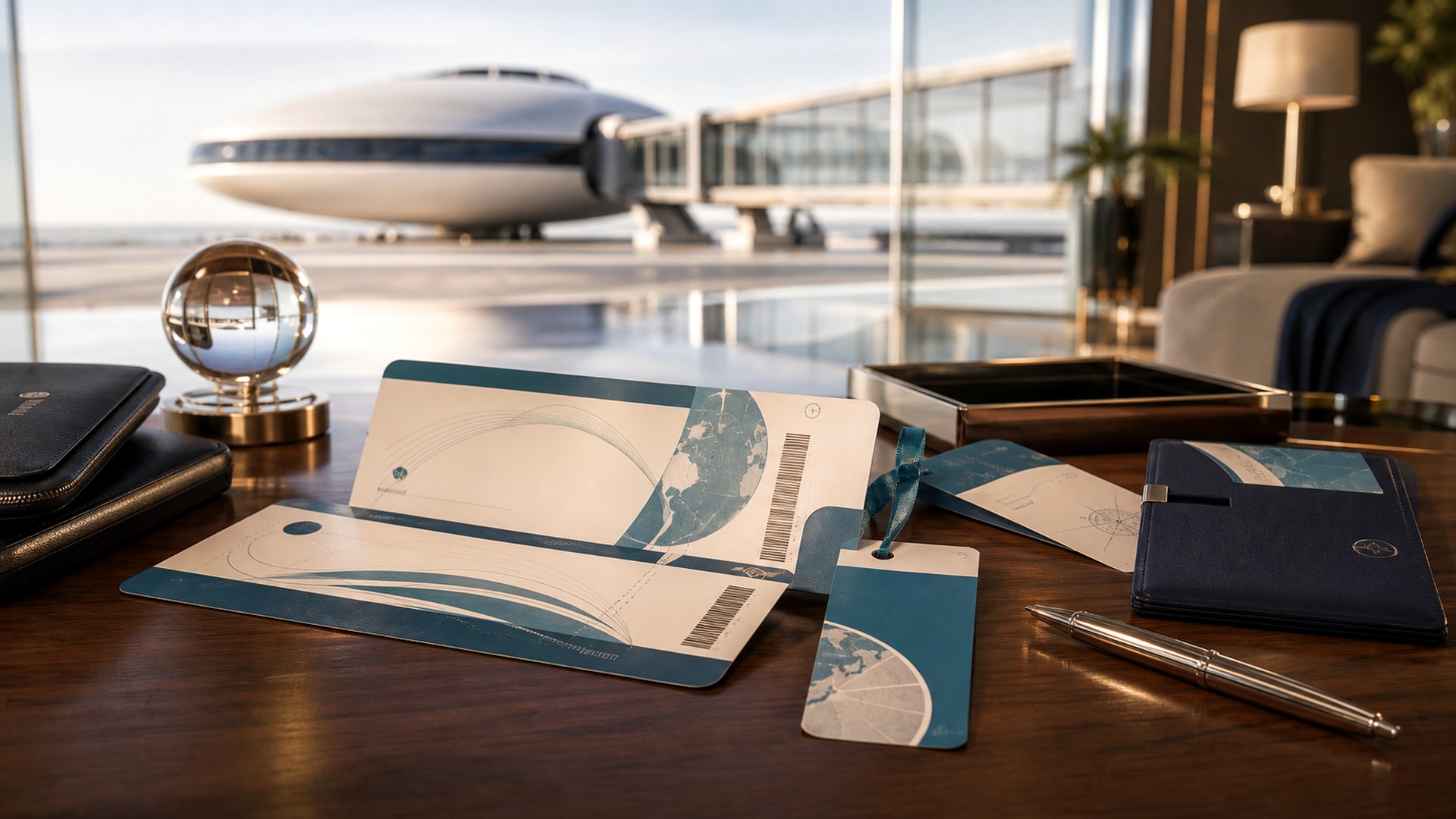 Future airline tickets and baggage tags on a walnut desk