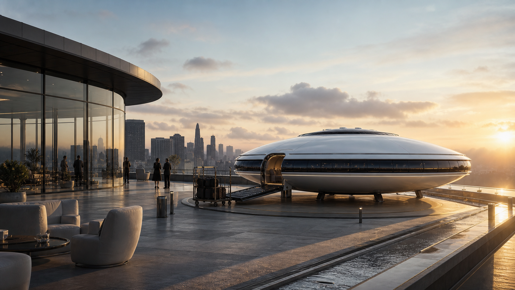Dawn sky terminal with UFO.direct aircraft